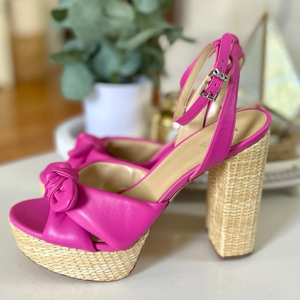 MICHAEL KORS Sadie Platform Leather Bow High Heeled Sandals Magenta Pink 8.5 - Picture 3 of 15